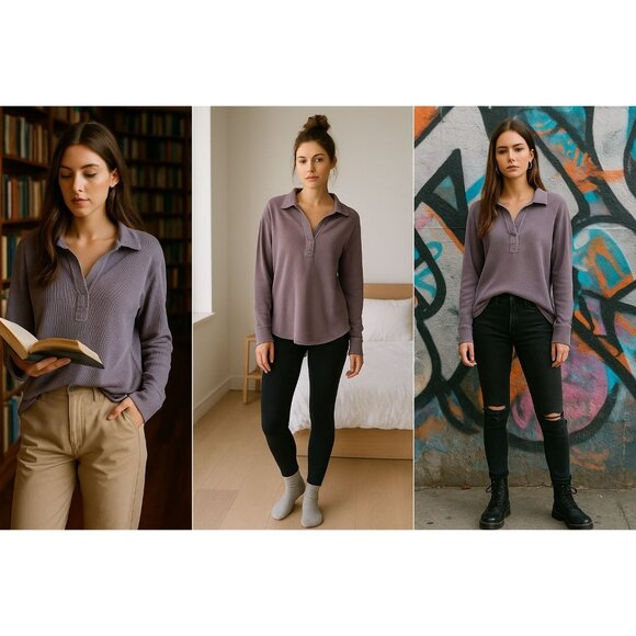 We The Free Waffle Knit Henley Top Medium Purple Loungecore Soft Grunge - Picture 1 of 11